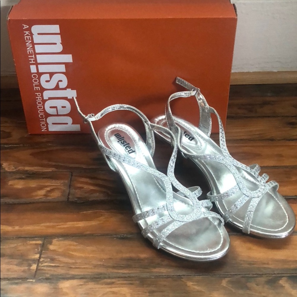 UNLISTED silver jeweled bedazzled sandal heels